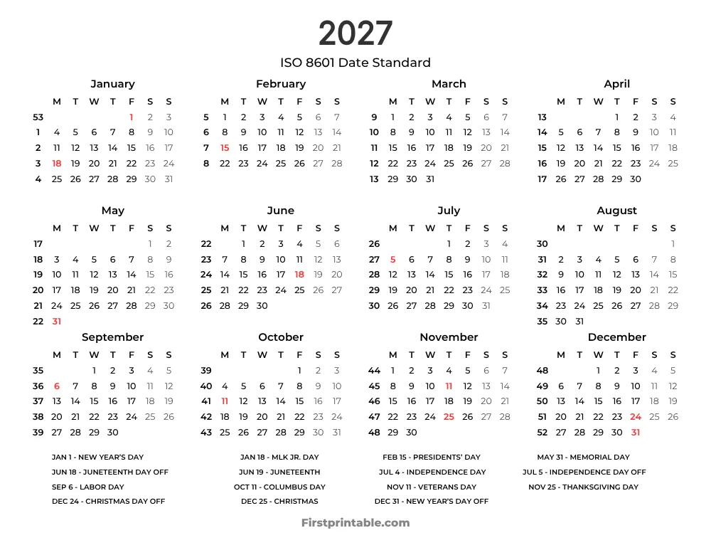 2027 Calendar with Week Numbers ISO 8601 Template 07