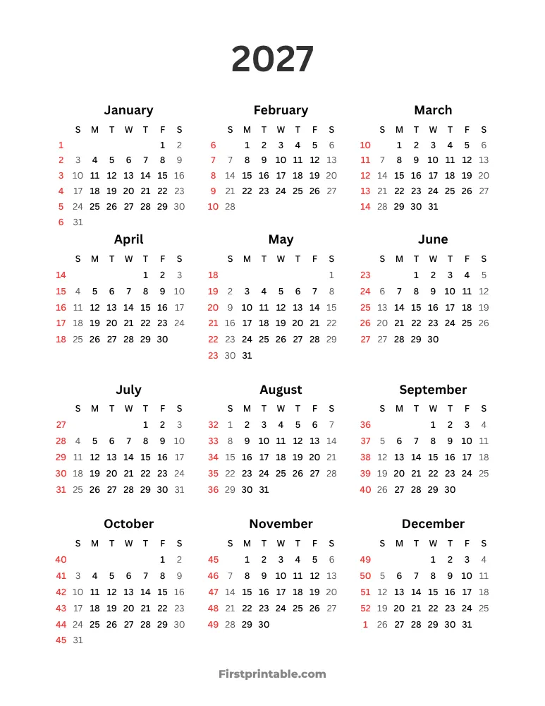 2027 Calendar with Week Numbers Template 01