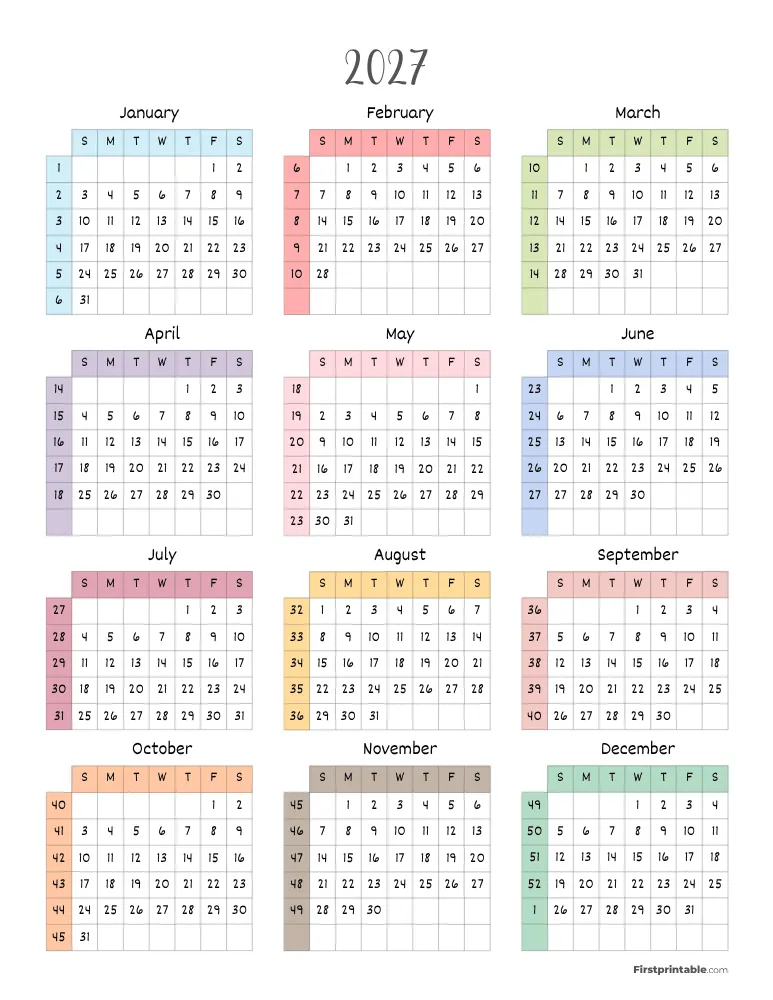 2027 Calendar with Week Numbers Template 02