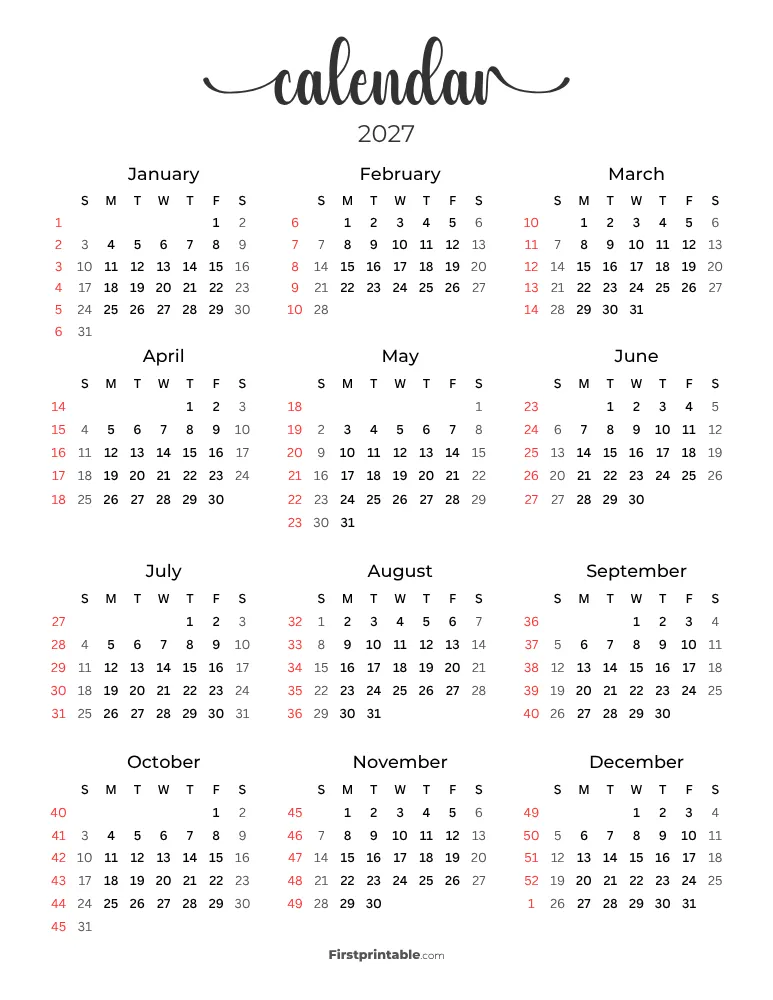 2027 Calendar with Week Numbers Template 03
