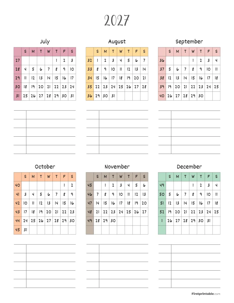 2027 Calendar with Week Numbers Template 04 Page 2 of 2