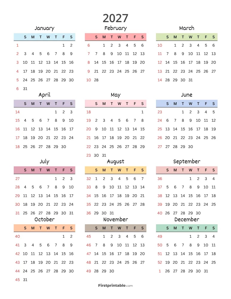 2027 Calendar with Week Numbers Template 05