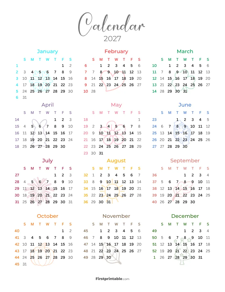 2027 Calendar with Week Numbers Template 06