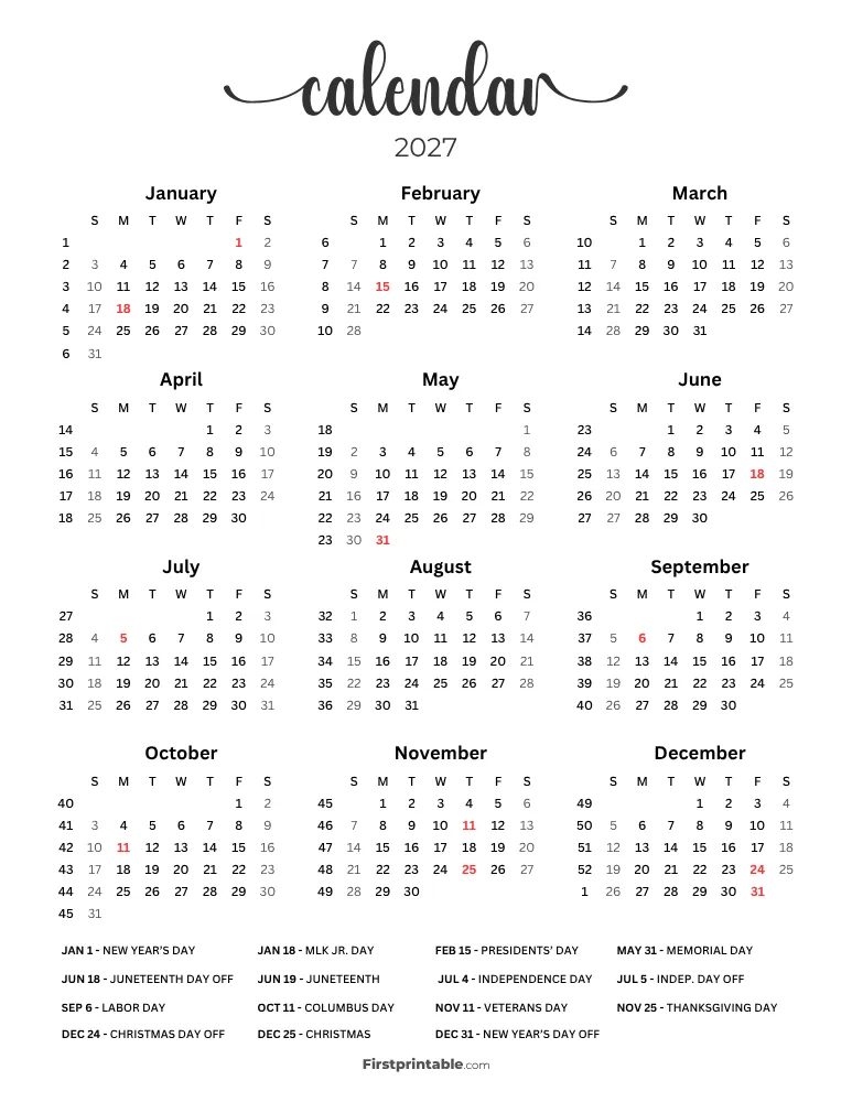 2027 Calendar with Week Numbers Template 07