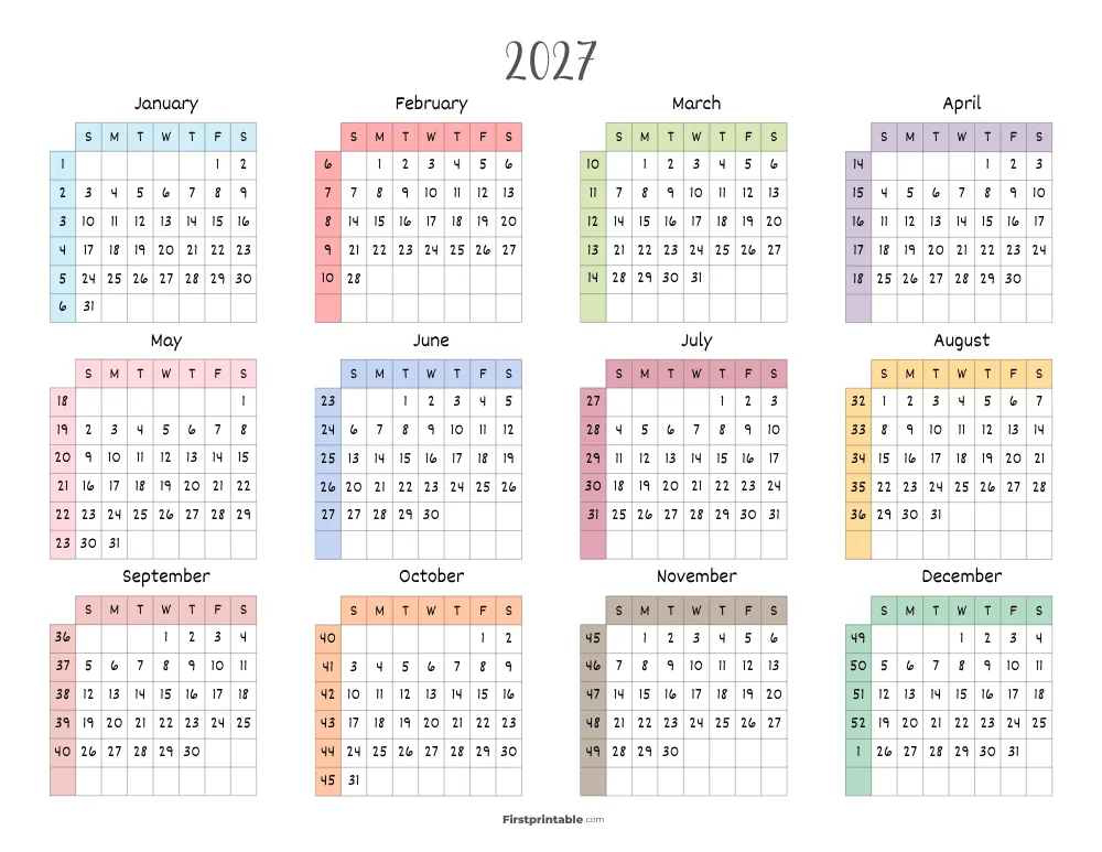 2027 Calendar with Week Numbers Template 08