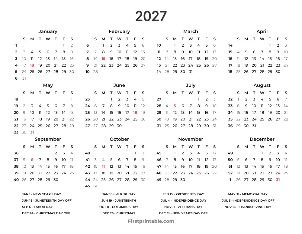 2027 Calendar with Week Numbers Template 10