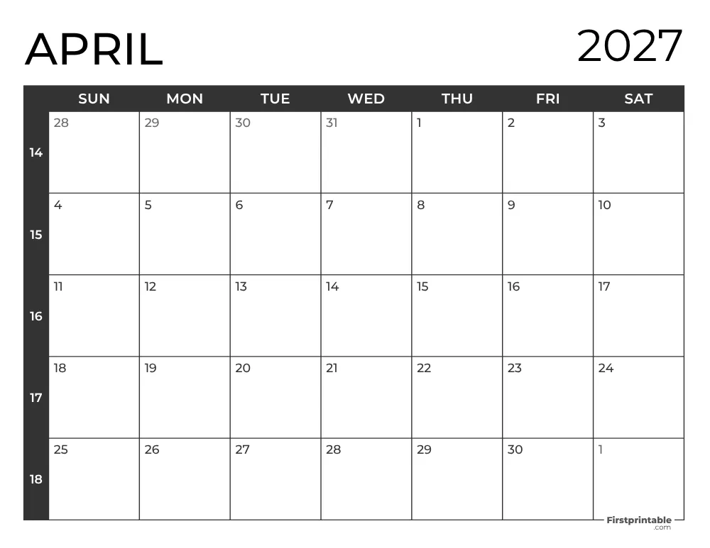 April 2027 Calendar with Week Numbers
