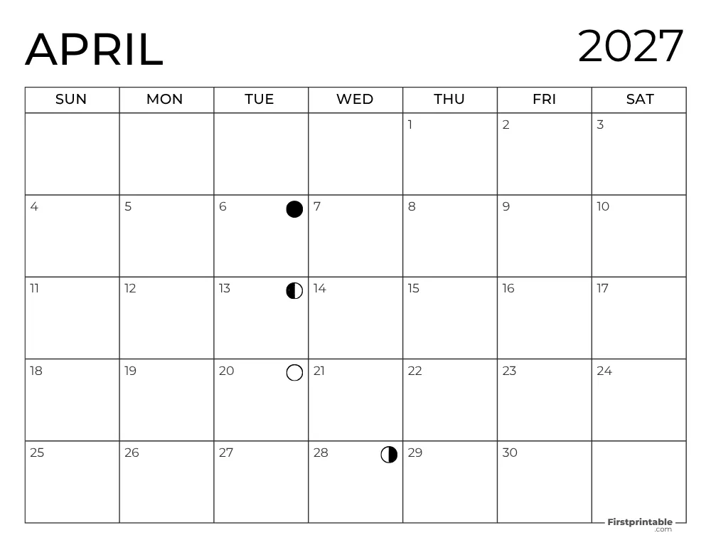 April 2027 with Moon Phases