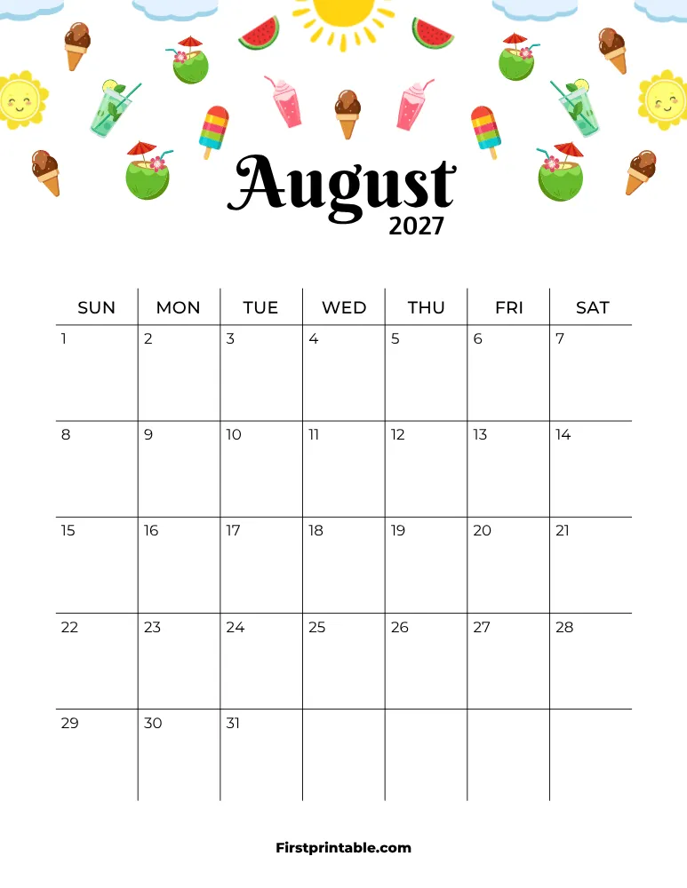 August 2027 Calendar Summer Theme