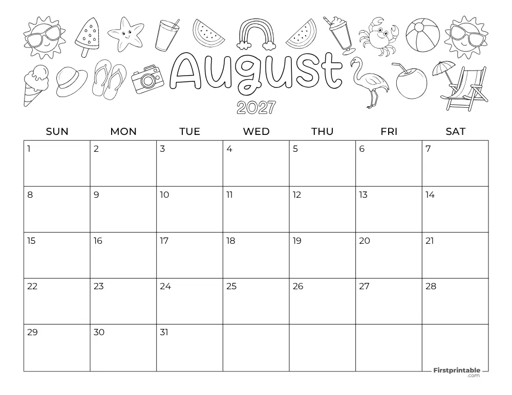 August 2027 Calendar Summer Themed