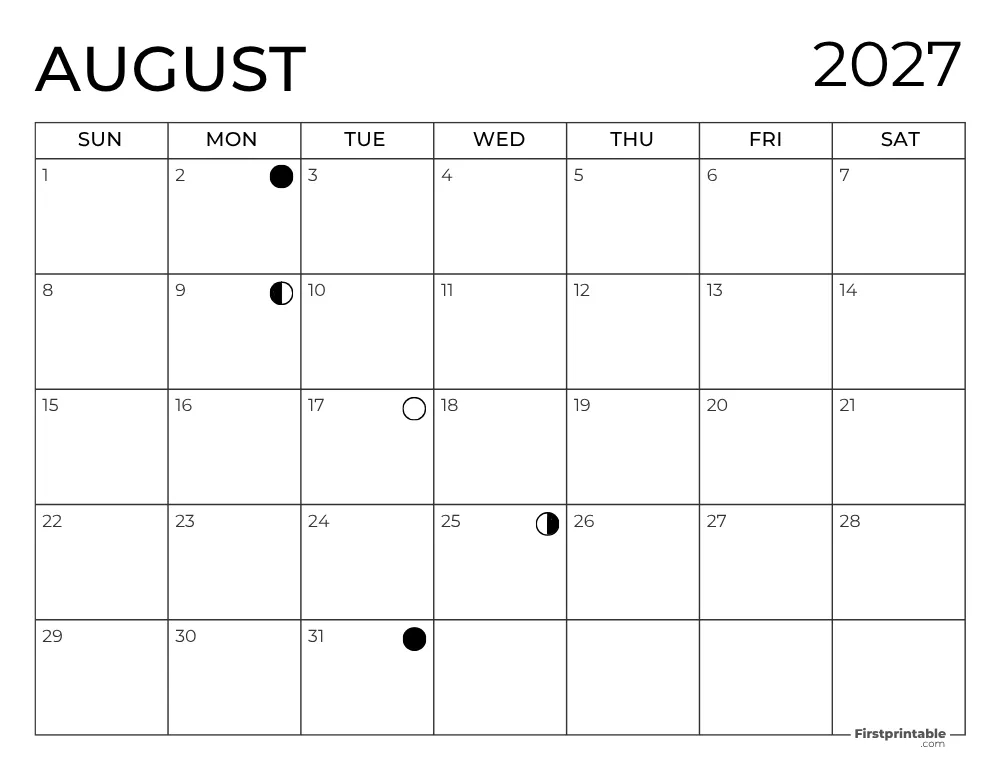 August 2027 with Moon Phases