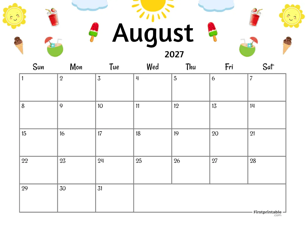 August Calendar 2027 - Summer