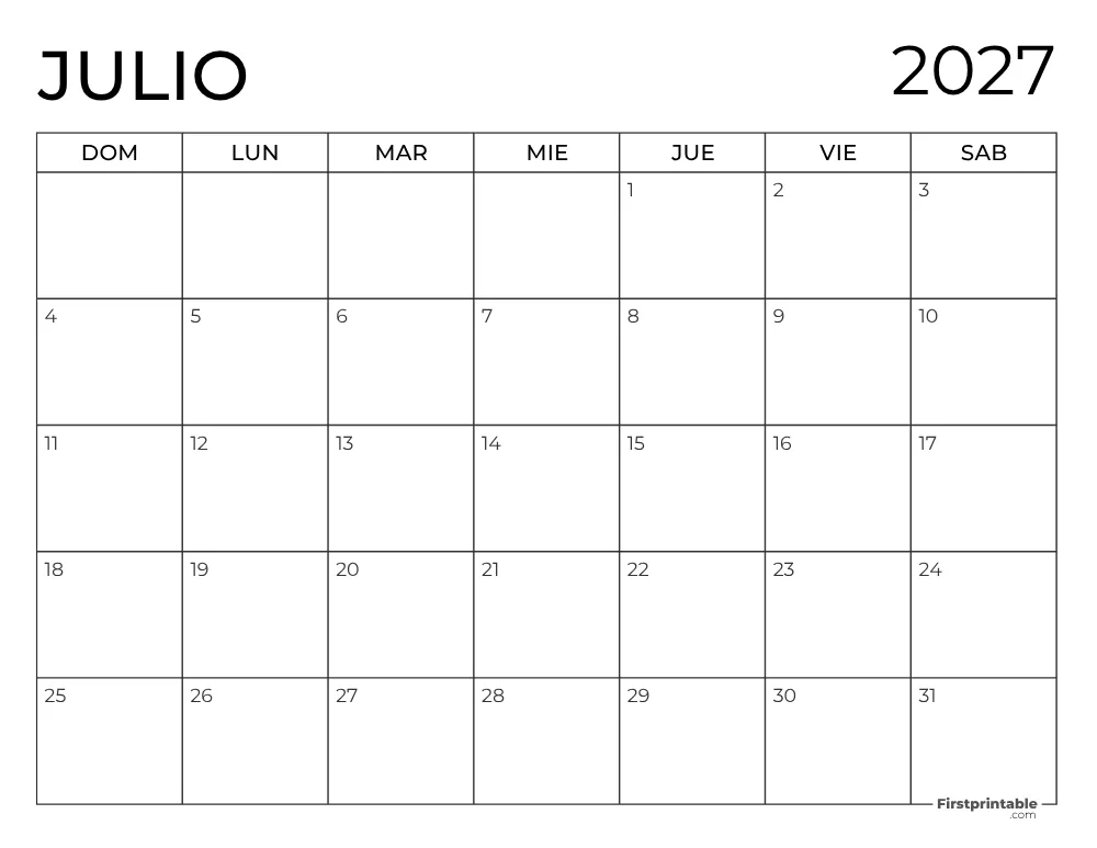 Calendario 2027 para imprimir de julio