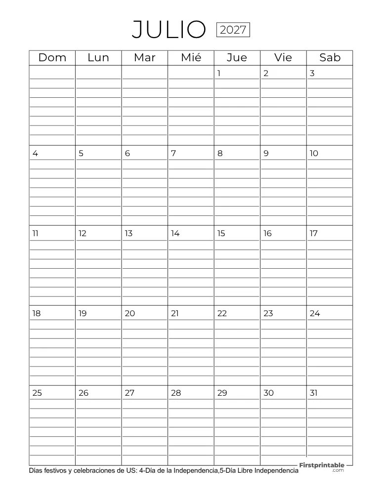 Calendario Julio 2027 con líneas