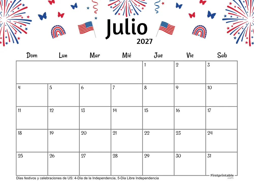 Calendario de julio de 2027 - Tema del 4 de julio