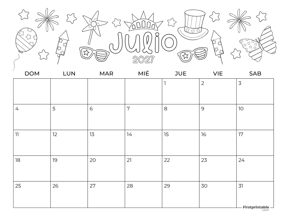 Calendario de julio de 2027 - Temática del Día de la Independencia