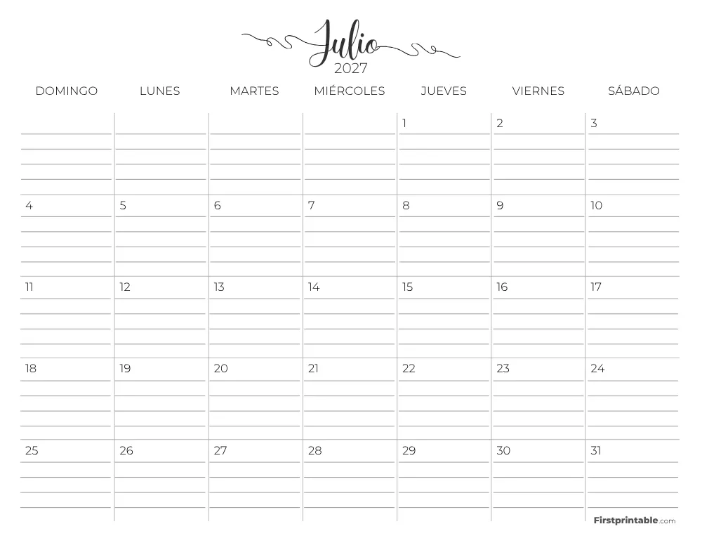 Calendario de julio de 2027 con líneas 02