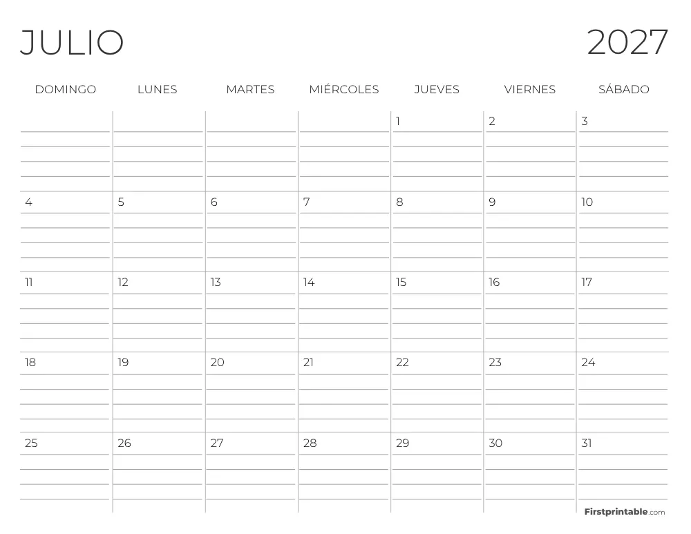 Calendario de julio de 2027 con líneas