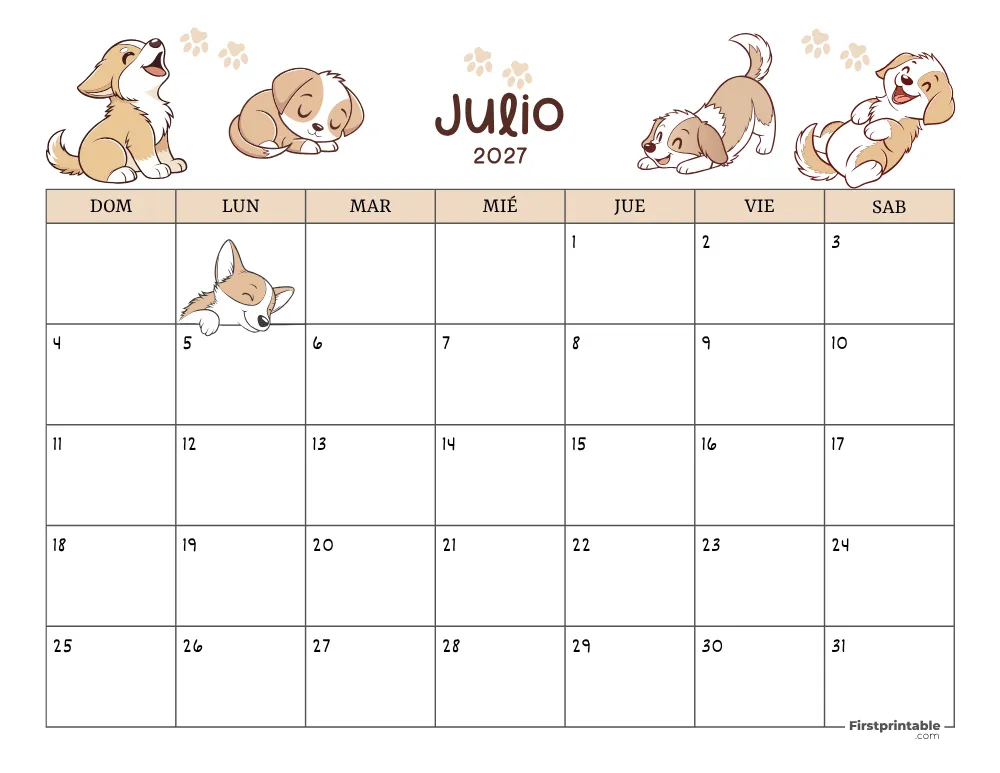 Calendario de julio de 2027 con temática de perros 01