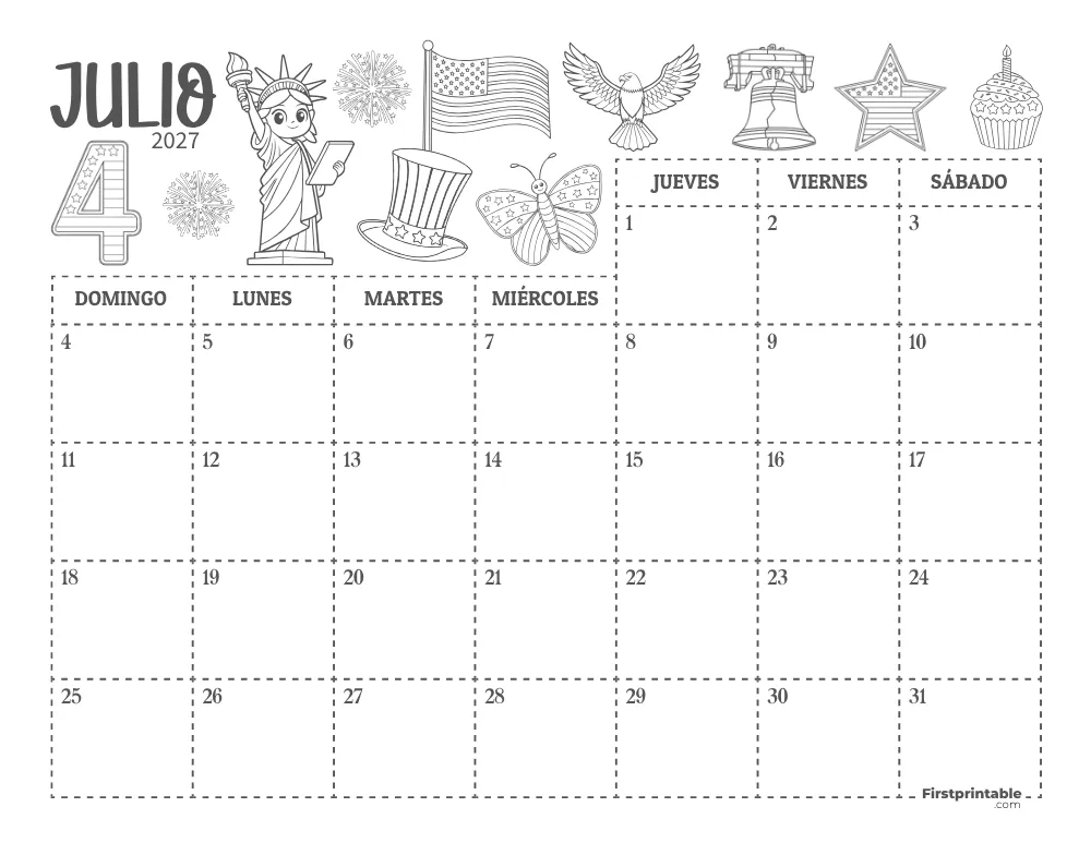 Calendario de julio de 2027 con temática del Día de la Independencia 01