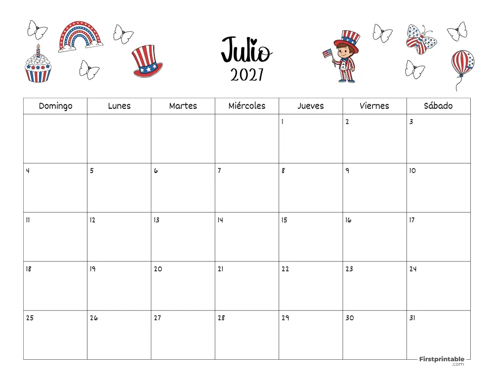 Calendario de julio de 2027 con temática del Día de la Independencia 02