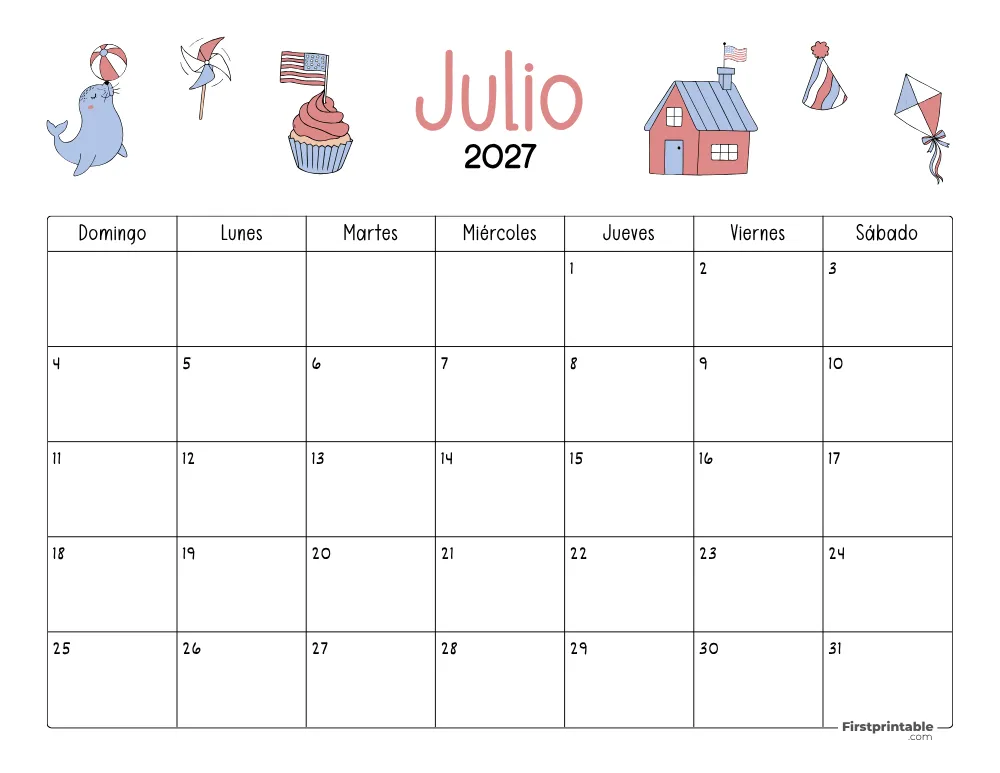Calendario de julio de 2027 con temática del Día de la Independencia 04
