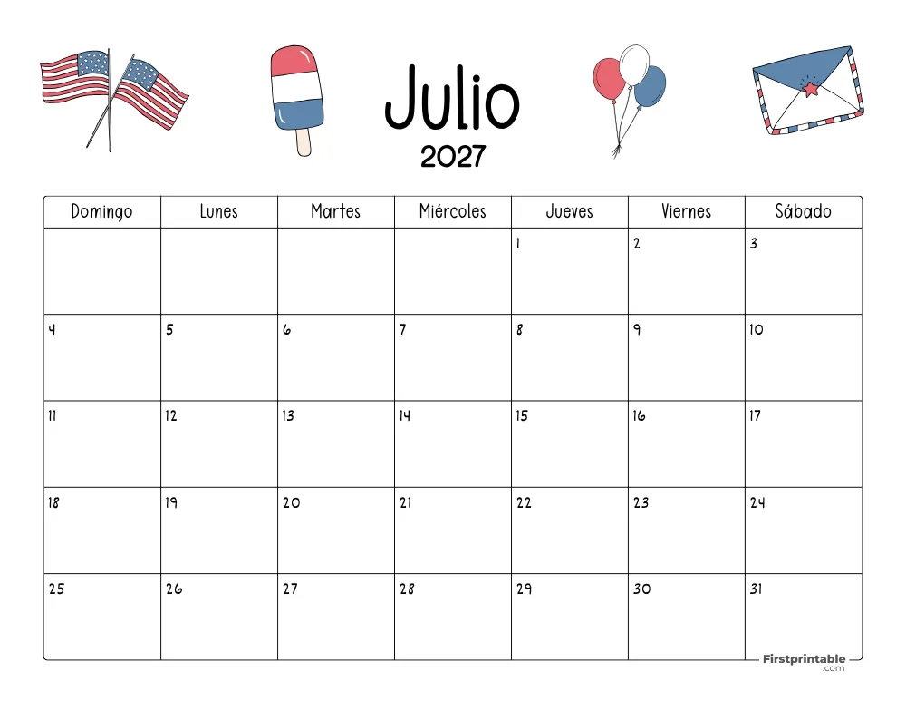 Calendario de julio de 2027 con temática del Día de la Independencia 05