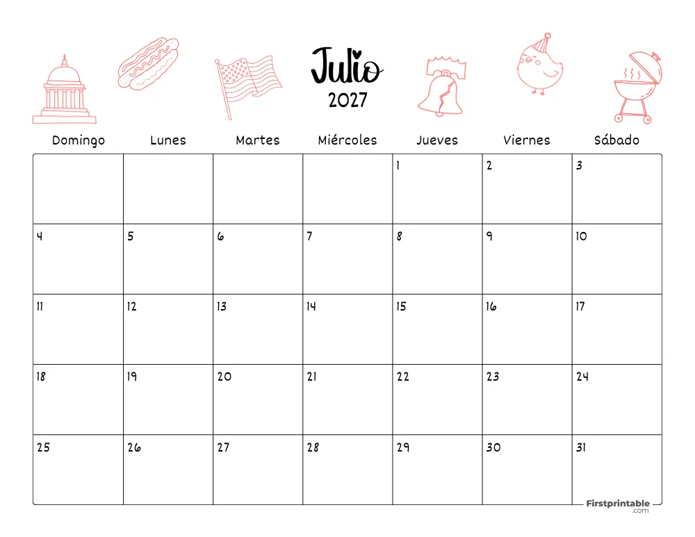 Calendario de julio de 2027 con temática del Día de la Independencia 06