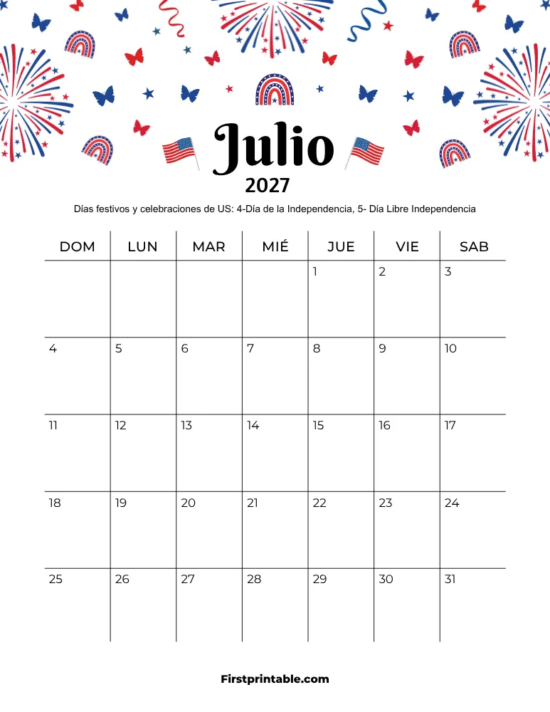 Calendario de julio de 2027 con temática del Día de la Independencia
