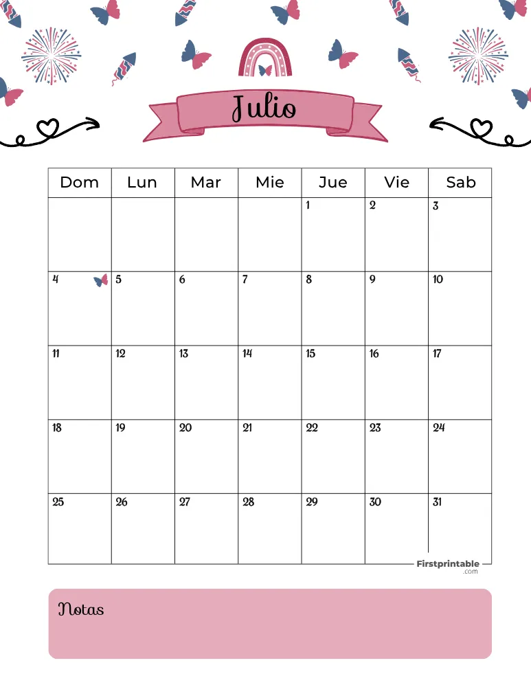 Calendario imprimible de julio de 2027, plantilla para el 4 de julio 01