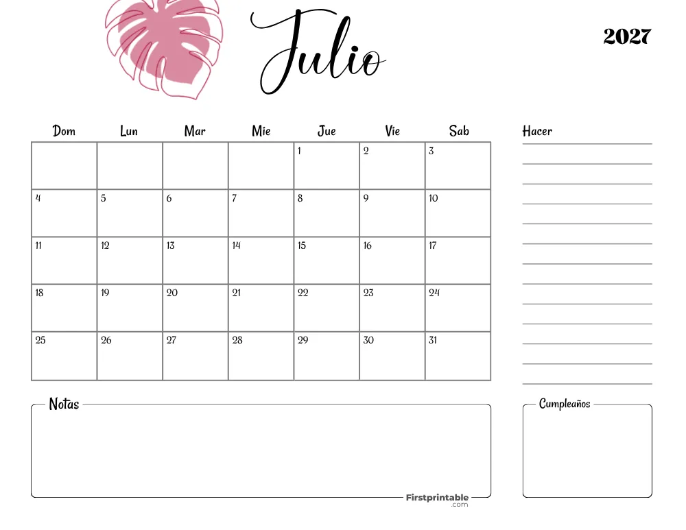 Calendario imprimible de julio de 2027 plantilla para el 4 de julio 18