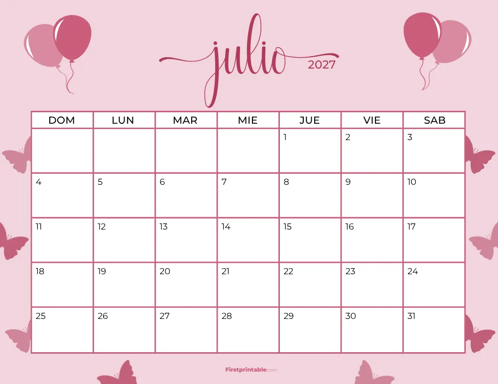 Calendario imprimible de julio de 2027 plantilla para el 4 de julio 20