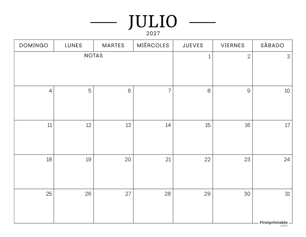 Calendario imprimible de julio de 2027