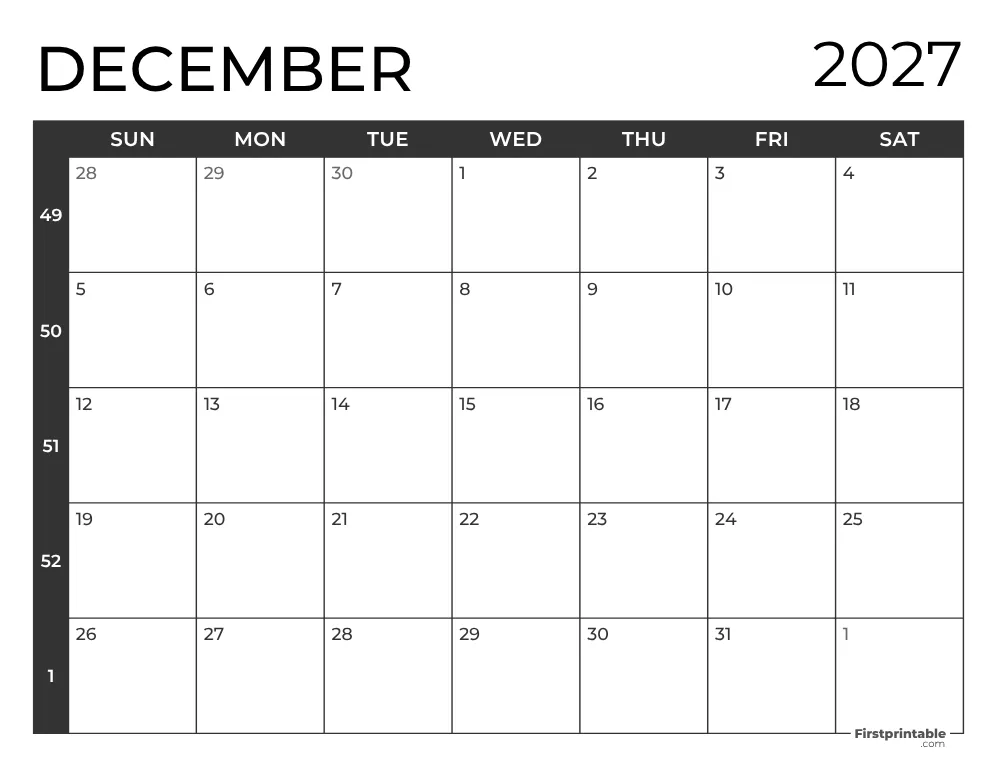 December 2027 Calendar with Week Numbers
