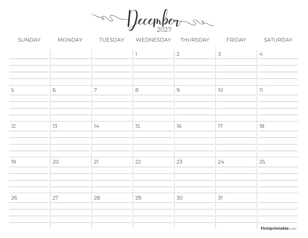 December 2027 Calendar with lines 02