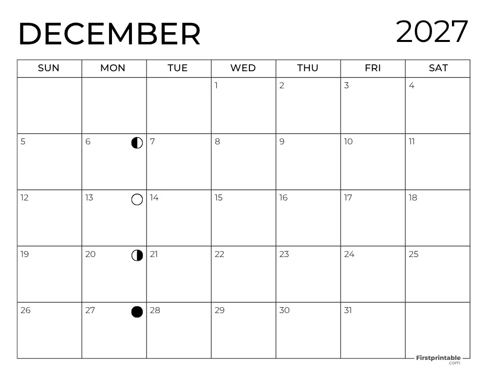 December 2027 with Moon Phases