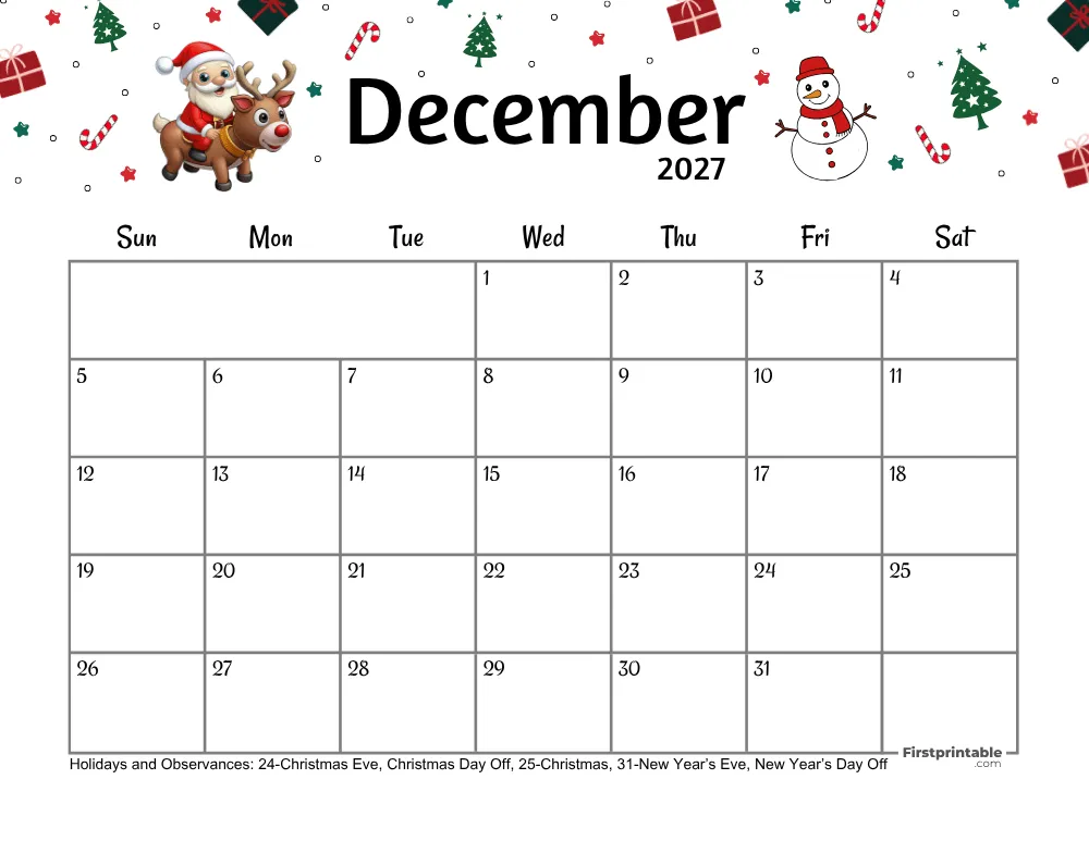 December Calendar 2027 - Christmas