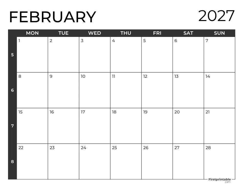 February 2027 Calendar with Week Numbers ISO 8601