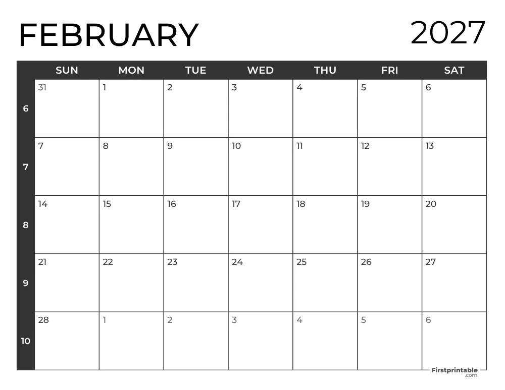 February 2027 Calendar with Week Numbers