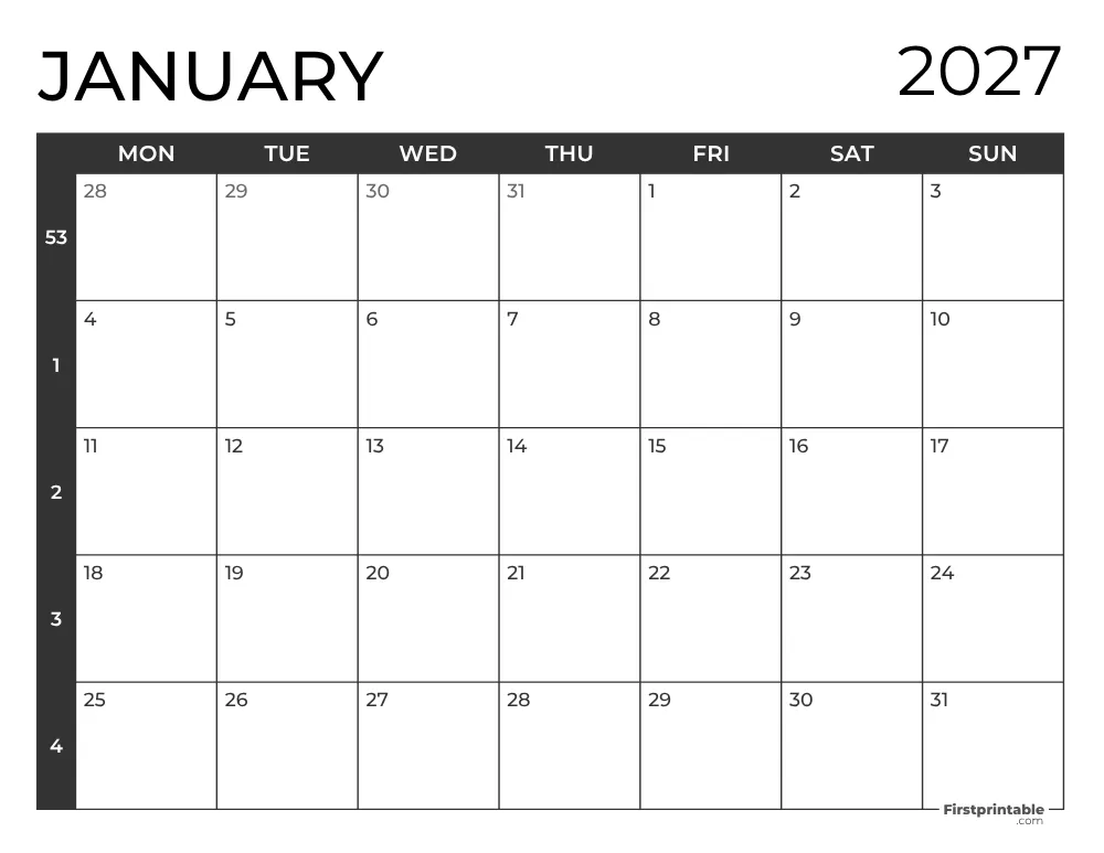 January 2027 Calendar with Week Numbers ISO 8601