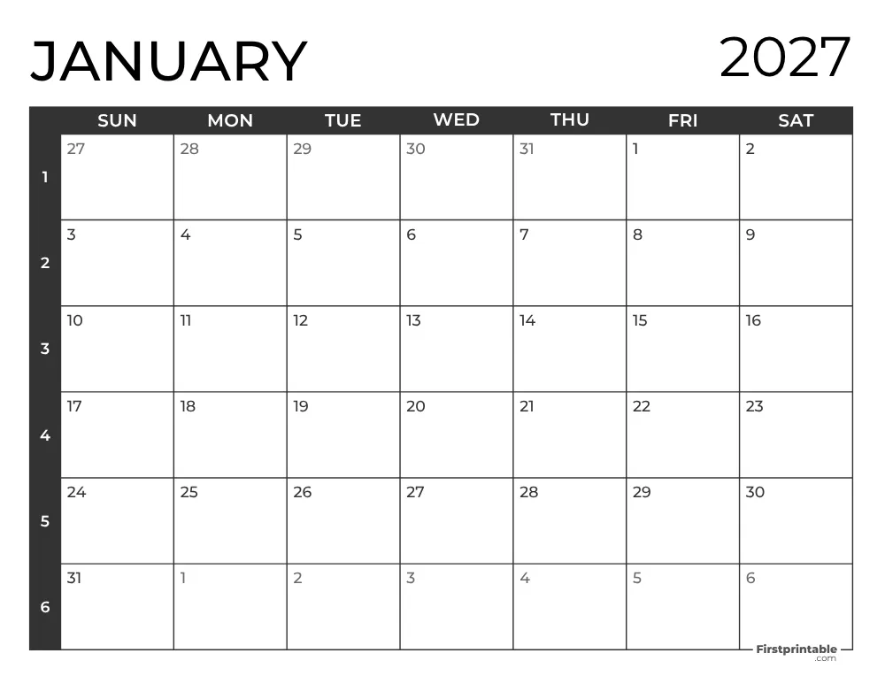 January 2027 Calendar with Week Numbers
