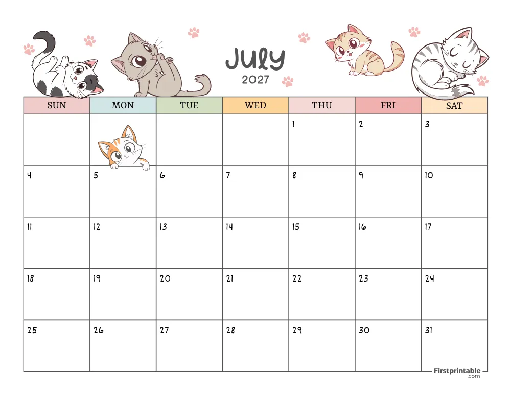 July 2027 Calendar Cat Themed 01