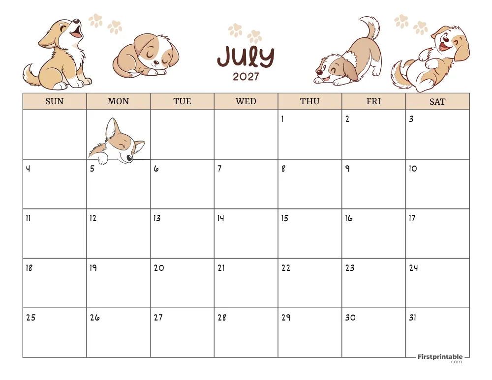 July 2027 Calendar Dog Themed 01