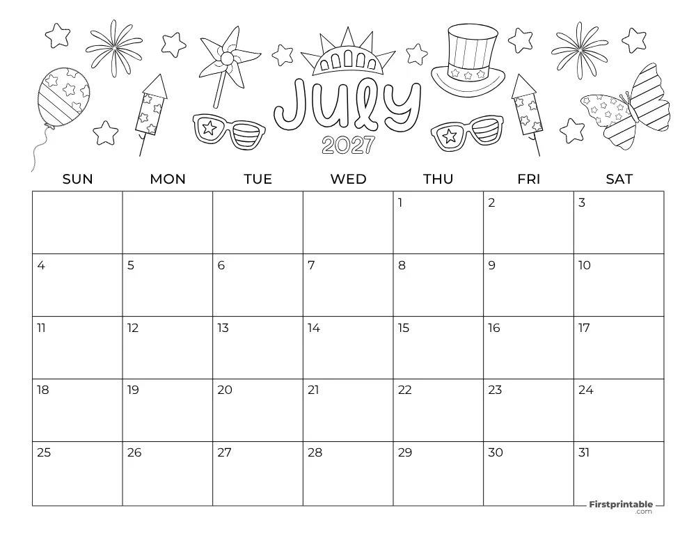 July 2027 Calendar Fourth of July Themed