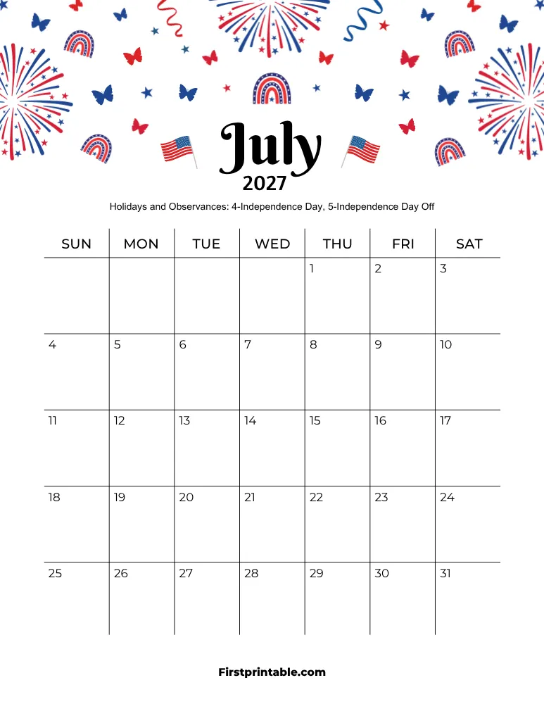 July 2027 Calendar Independence Day Theme