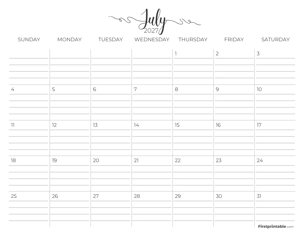 July 2027 Calendar with lines 02
