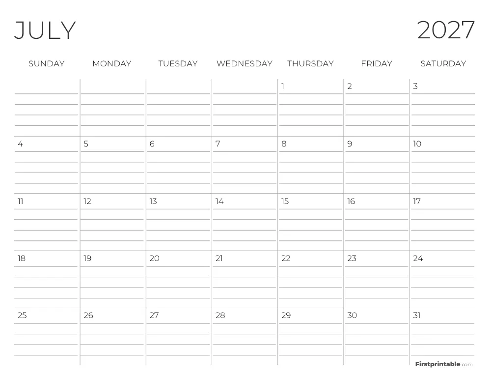 July 2027 Calendar with lines