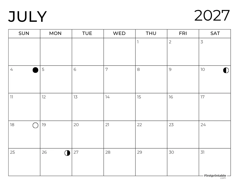 July 2027 with Moon Phases