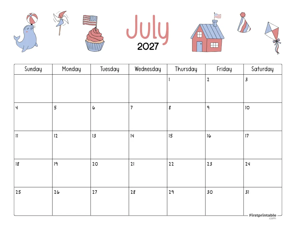 July Calendar 2027 Fourth of July Themed 04