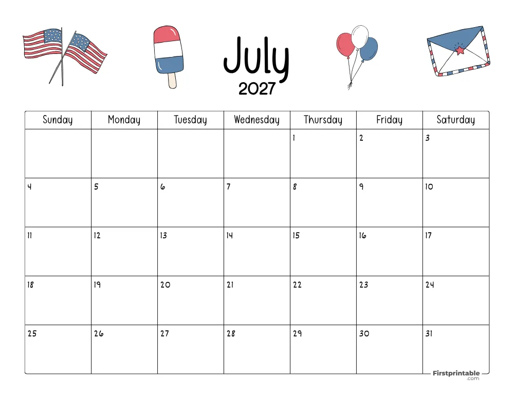 July Calendar 2027 Fourth of July Themed 05